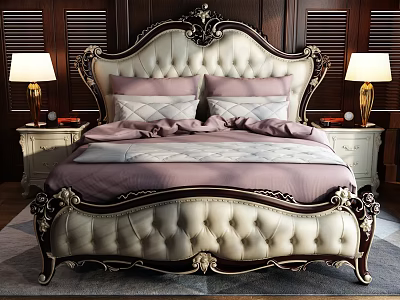 Classic European Double Bed with Ornate Carved Headboard Upholstered Design and Nightstands with Lamps 3d model