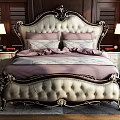 Classic European Double Bed with Ornate Carved Headboard Upholstered Design and Nightstands with Lamps