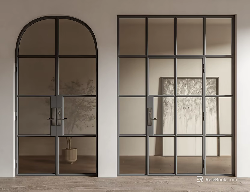 Arched and Square Glass Doors With Black Frames in Modern Interior 3d model 