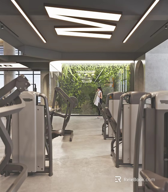 Modern Gym Interior With Fitness Equipment And Green Plant Wall For Workout Space Design 3d model 