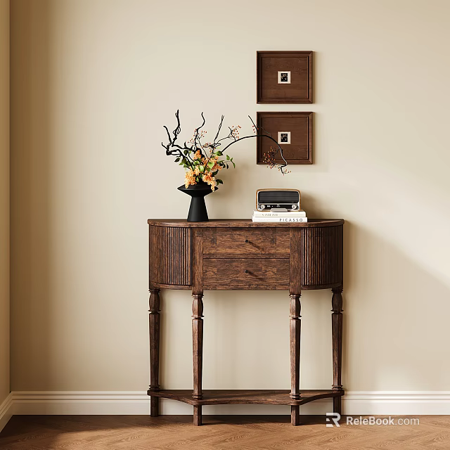 Wooden Console Table With Vase Flowers Branches And Vintage Radio Wall Frames 3d model 