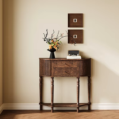 Wooden Console Table With Vase Flowers Branches And Vintage Radio Wall Frames 3d model