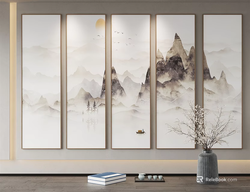 Five Panel Ink Wash Landscape Painting With Mountains Water Boat Birds Sun And Interior Decor 3d model 