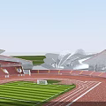 Modern Stadium With Green Football Field Red Running Track And Spectator Stands