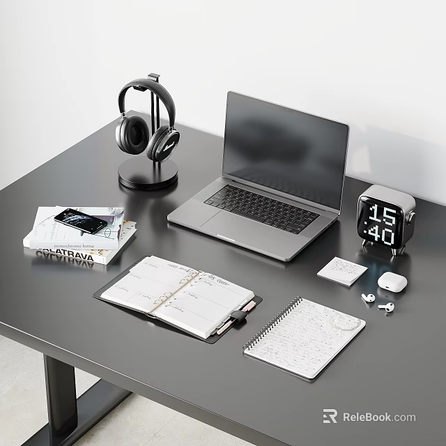 Sleek Laptop On Black Desk With Headphones Notebooks Smartphone Clock And Mouse 3d model 