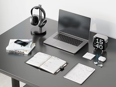 Sleek Laptop On Black Desk With Headphones Notebooks Smartphone Clock And Mouse 3d model