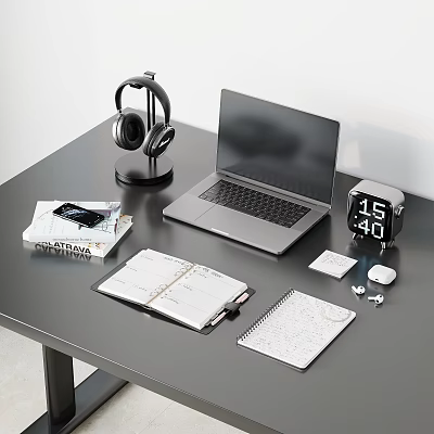 Sleek Laptop On Black Desk With Headphones Notebooks Smartphone Clock And Mouse 3d model