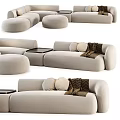 Modern Beige And Dark Brown Sofa Set With Round Ottomans Pillows And Throw Blanket