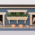 Cozy Wooden Dog House With Green Plants Bowls Striped Mat And Playful Dog