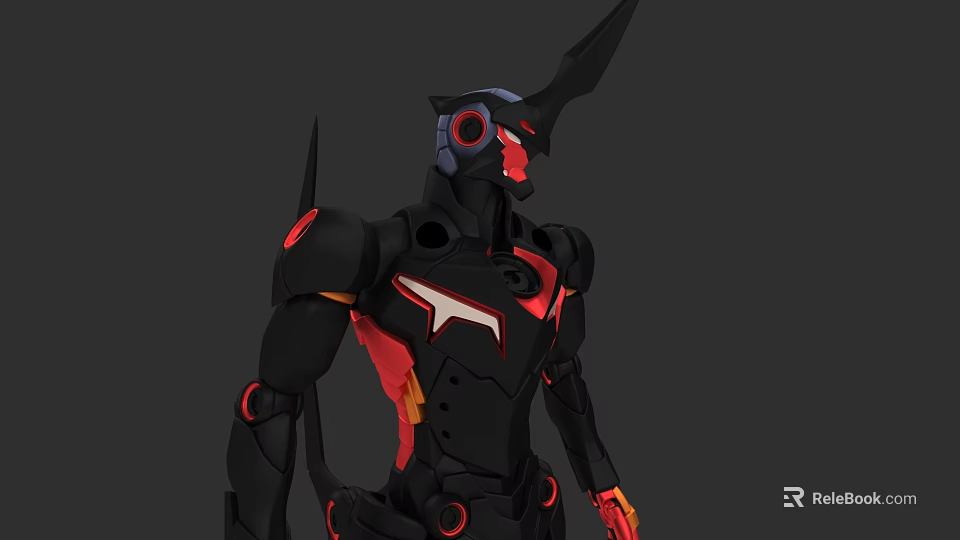 Game Movie Character Mech Warrior With Black Armor Red Orange Accents And Sharp Horns 3d model 