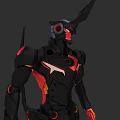 Game Movie Character Mech Warrior With Black Armor Red Orange Accents And Sharp Horns