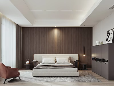 Modern Bedroom Interior Design With Wooden Wall Paneling King Size Bed Nightstands And Accent Armchair 3d model