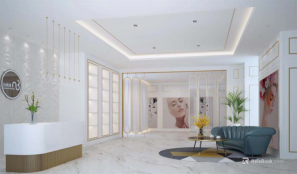 Elegant Modern Beauty Hair Salon Interior Design With Reception Area Marble Floor And Green Plants 3d model 