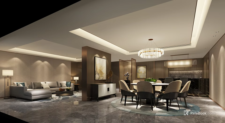 Elegant Modern Hotel Guest Room Interior With Chandelier Sofa Dining Table And Artwork 3d model 