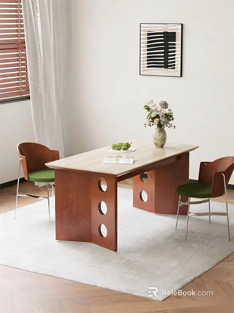 Bright Interior Wooden Dining Table With Circular Cutouts Vase Flowers And Green Chairs 3d model 