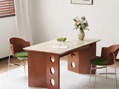 Bright Interior Wooden Dining Table With Circular Cutouts Vase Flowers And Green Chairs 3d model