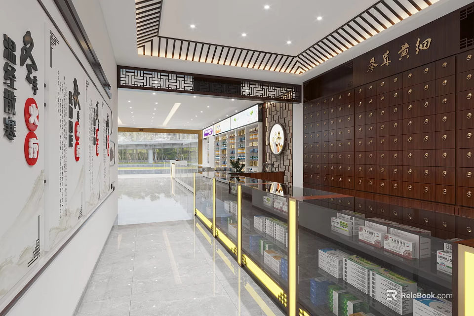 Chinese Medicine Specialty Store With Traditional Wooden Cabinets And Herbal Products 3d model 
