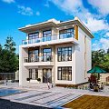 Two Story Detached Villa With White Exterior Large Windows Balconies Lush Greenery And Swimming Pool