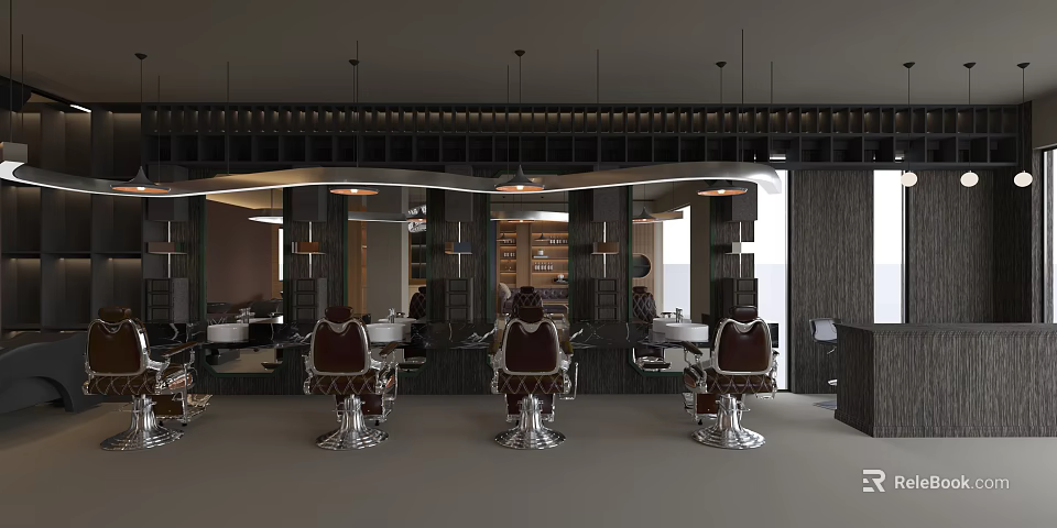 Modern Hair Salon Interior With Stylish Barber Chairs Mirrored Walls And Warm Lighting 3d model 