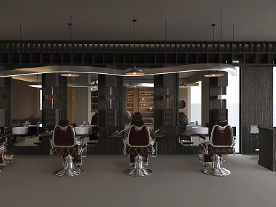 Modern Hair Salon Interior With Stylish Barber Chairs Mirrored Walls And Warm Lighting 3d model