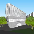 Modern Sales Office Building Exterior With Curved Glass Facade And Night Lighting