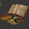 Vintage Open Ancient Book Scene with Feather Quill Inkwell Candle and Stacked Books