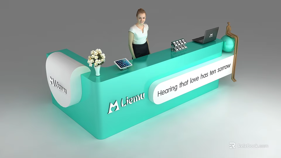 Teal Lient Logo Reception Desk with Laptop Calculator Flower Vase Globe and Healing Sign 3d model 