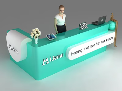 Teal Lient Logo Reception Desk with Laptop Calculator Flower Vase Globe and Healing Sign 3d model