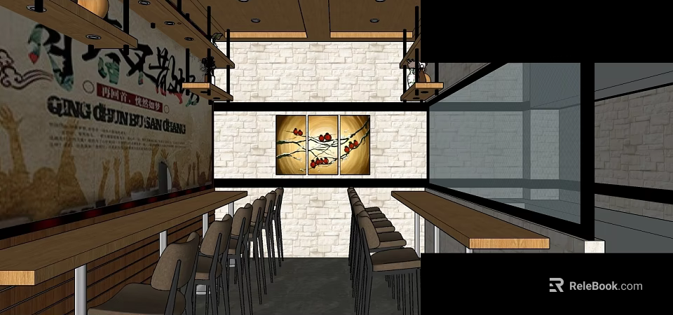 Restaurant Interior With Brick Wall Decorative Painting High Chairs Wooden Bar Counter And Ceiling Lights 3d model 