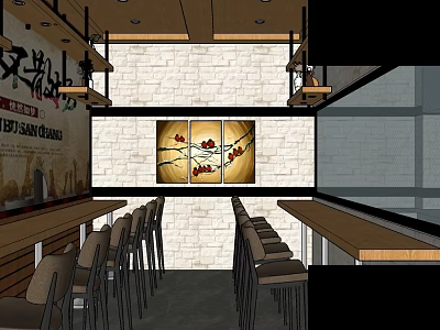 Restaurant Interior With Brick Wall Decorative Painting High Chairs Wooden Bar Counter And Ceiling Lights 3d model