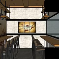 Restaurant Interior With Brick Wall Decorative Painting High Chairs Wooden Bar Counter And Ceiling Lights