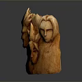 Wooden Sculpture Carving with Multiple Human Faces and Intricate Wood Grain Details