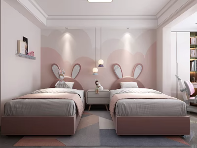 Pink Kids Bedroom With Two Rabbit Ear Headboards Cloud Wall Decor Nightstand Rug And Bookshelf 3d model