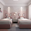 Pink Kids Bedroom With Two Rabbit Ear Headboards Cloud Wall Decor Nightstand Rug And Bookshelf