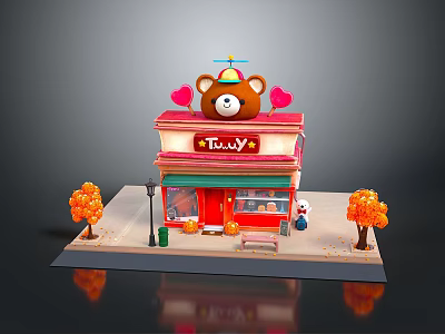 Cartoon Scene With Teddy Small Shop Bear Head Roof Heart Decorations And Autumn Orange Trees 3d model