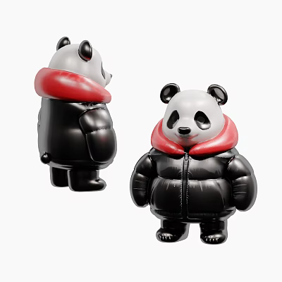 Panda Toy Model With Black Body Red Collar And Two Angle Views 3d model