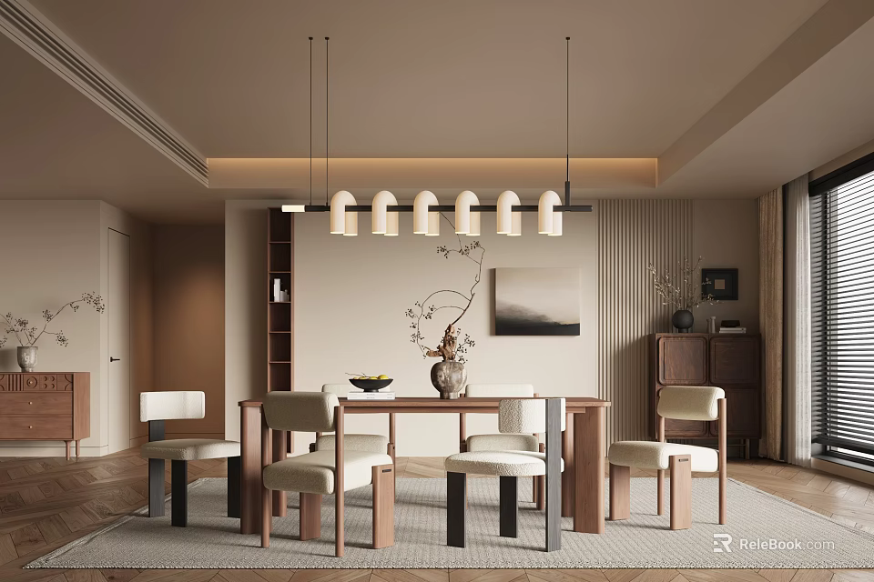 Modern Restaurant Interior Design With Wooden Dining Table Comfortable Chairs And Pendant Lights 3d model 