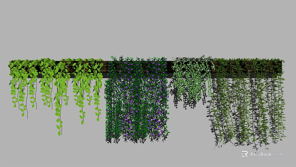 Cascading Vines With Lush Green And Purple Leaves Hanging On Wooden Rod 3d model 