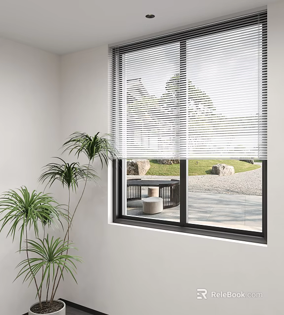 Modern Window Blinds In Indoor Space With Green Plants And Outdoor Garden View 3d model 