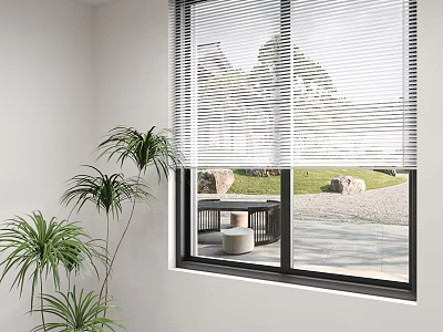 Modern Window Blinds In Indoor Space With Green Plants And Outdoor Garden View 3d model