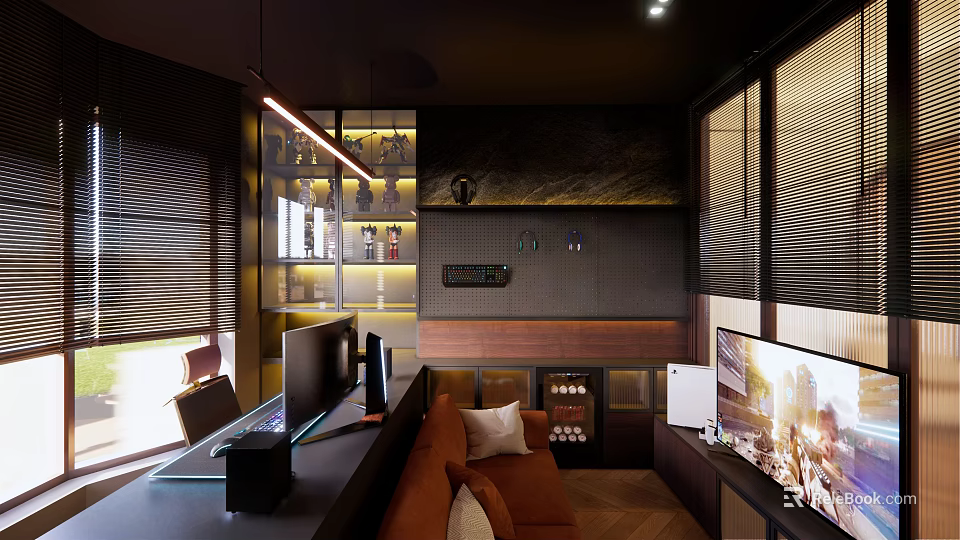Modern Study Room Interior With Wooden Desk Computer Brown Sofa And Window Blinds 3d model 