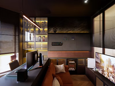 Modern Study Room Interior With Wooden Desk Computer Brown Sofa And Window Blinds 3d model