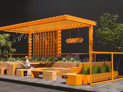Vibrant Garden Accents With Orange Pergola Hanging Decor Wooden Benches And Green Plants Outdoor 3d model