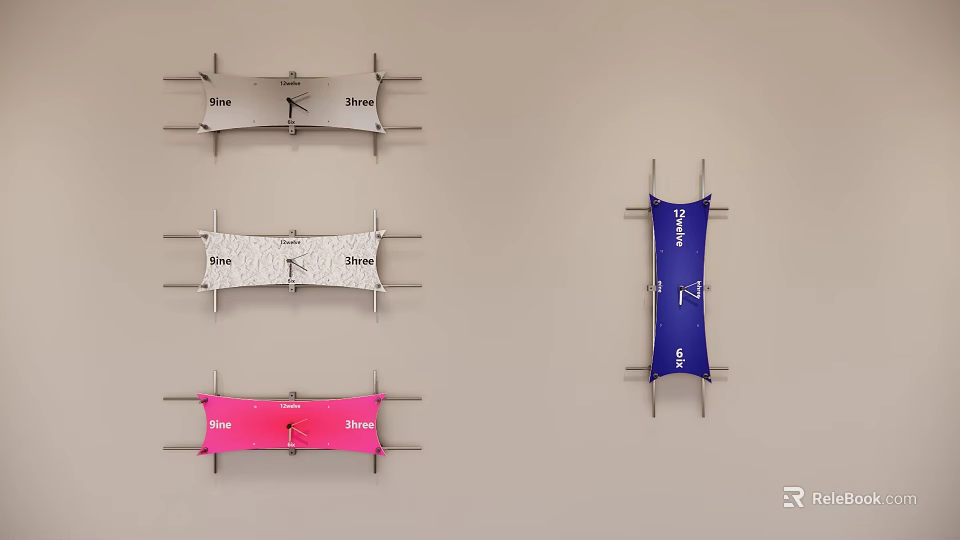 Curved Wall Clocks Gray White Pink Blue with One Two Three Numbers and Metal Brackets 3d model 