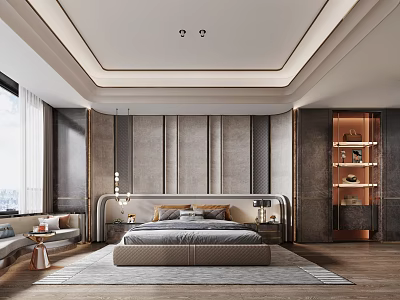 Modern Elegant Bedroom Interior Design With Upholstered Wall Panel Wooden Floor And Storage Cabinet 3d model