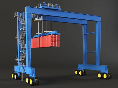 Blue Industrial Gantry Crane Lifting Red Container With Yellow Wheels And Staircase Structure 3d model
