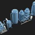 Multiple Blue Industrial Equipment with Tanks Pipes Valves and Control Panels Setup