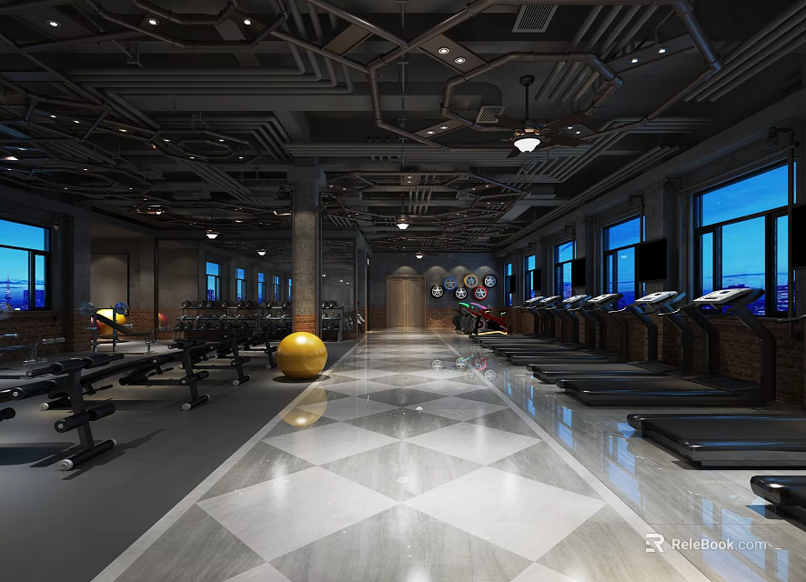 Modern Gym Interior With Treadmills Exercise Ball And Spacious Workout Area 3d model 