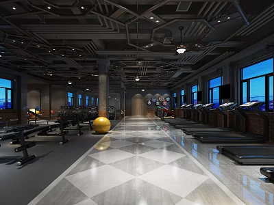 Modern Gym Interior With Treadmills Exercise Ball And Spacious Workout Area 3d model
