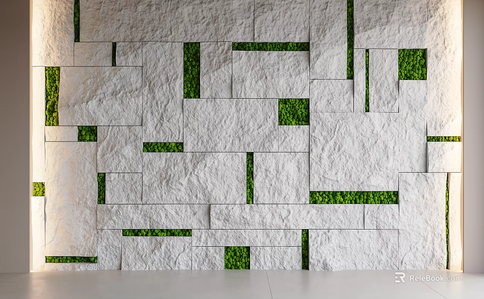 Modern Geometric Wall Design With White Stone Blocks And Green Moss Inserts 3d model 
